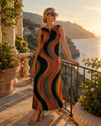 Retro Abstract A-Line Dress | 70s Earth Tone Pocket Dress