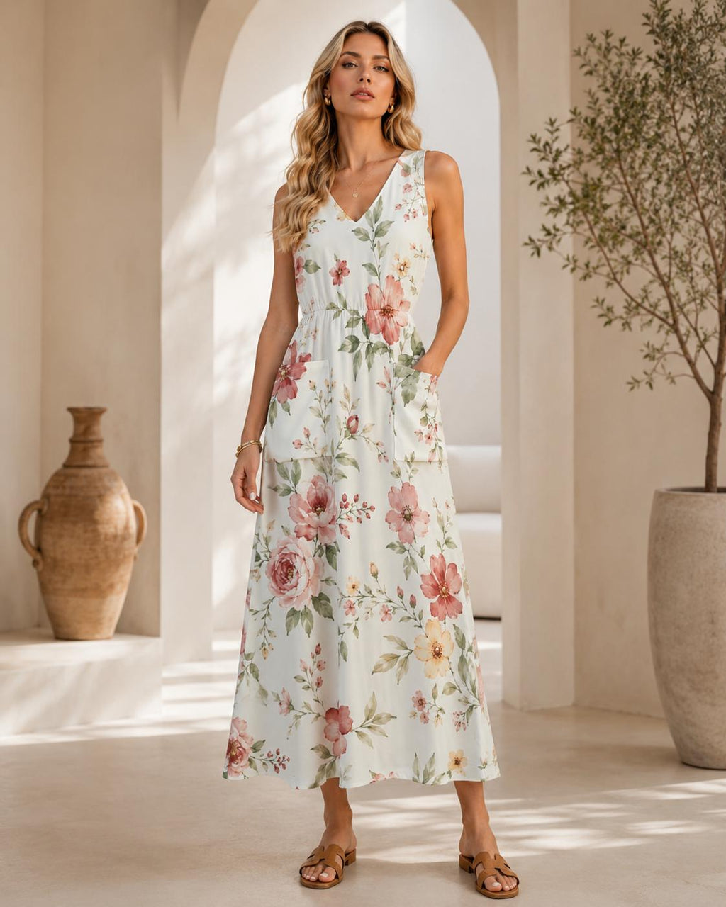 Watercolor Floral Maxi Dress | Garden Party Dress with Pockets