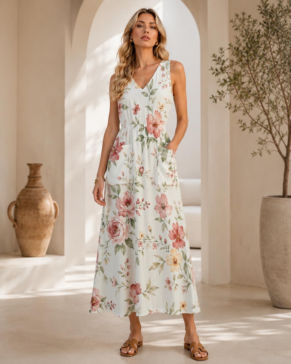 Watercolor Floral Maxi Dress | Garden Party Dress with Pockets