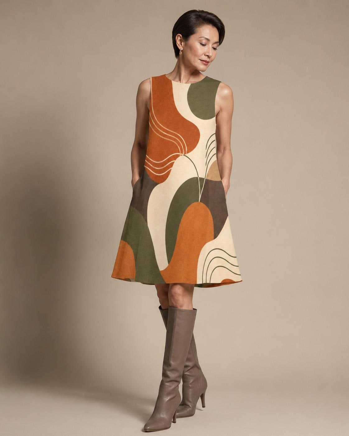 Earthy Abstract A-Line Mini Dress | Retro Coastal Pocket Dress