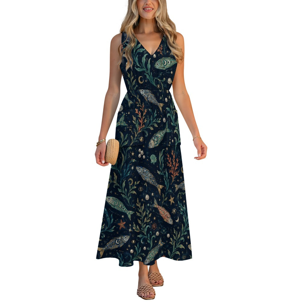Teal Night Garden Maxi Dress with Pockets | V-Neck Resort Dress