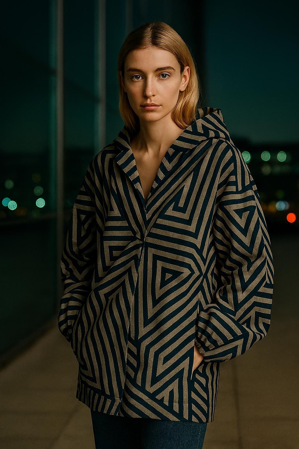 Navy Geometric Maze Zip Hoodie | Abstract Quiet Luxury Streetwear