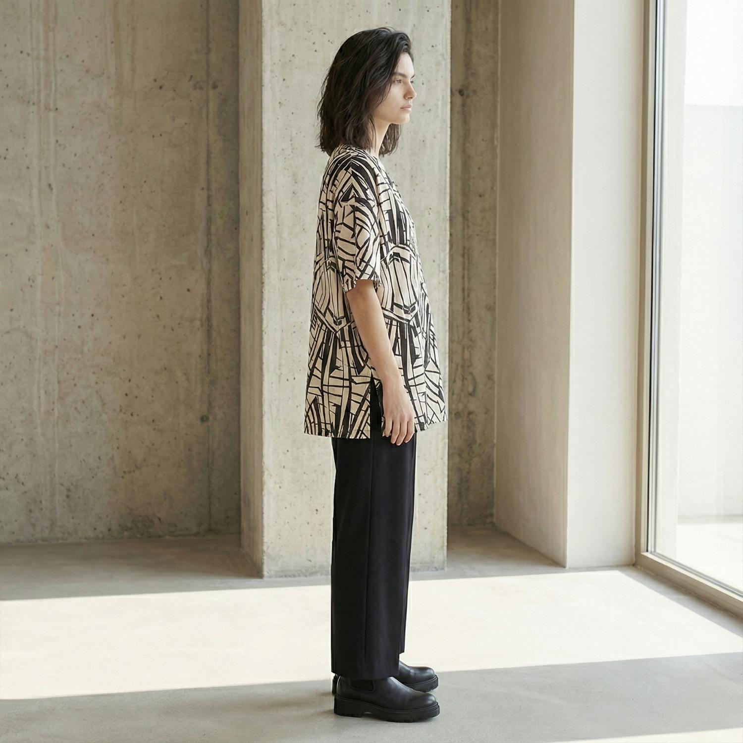 Architectural Cotton Tunic Top | Geometric V-Neck Artwear Blouse