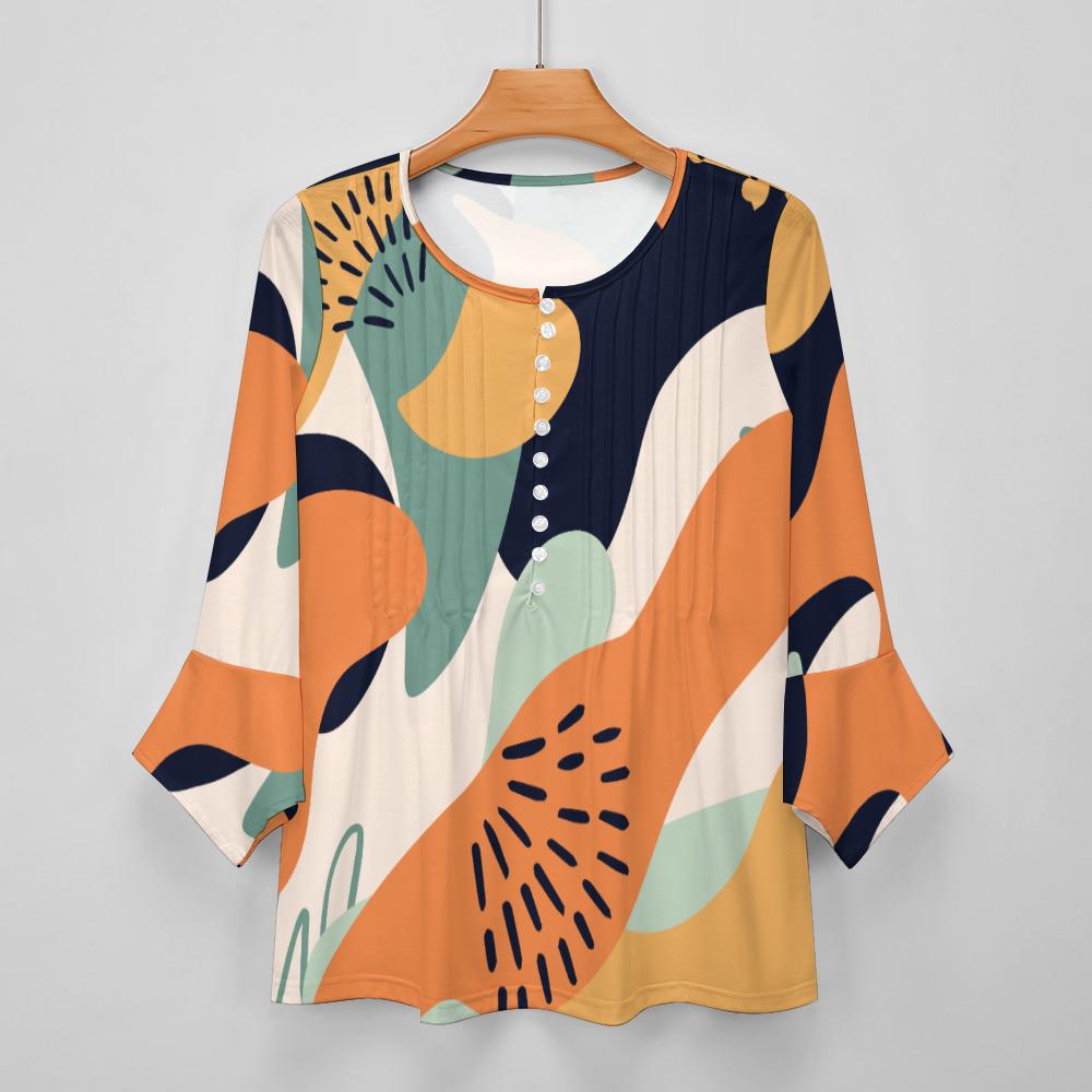 Boho Ruffle Sleeve Blouse | Abstract Print Summer Top