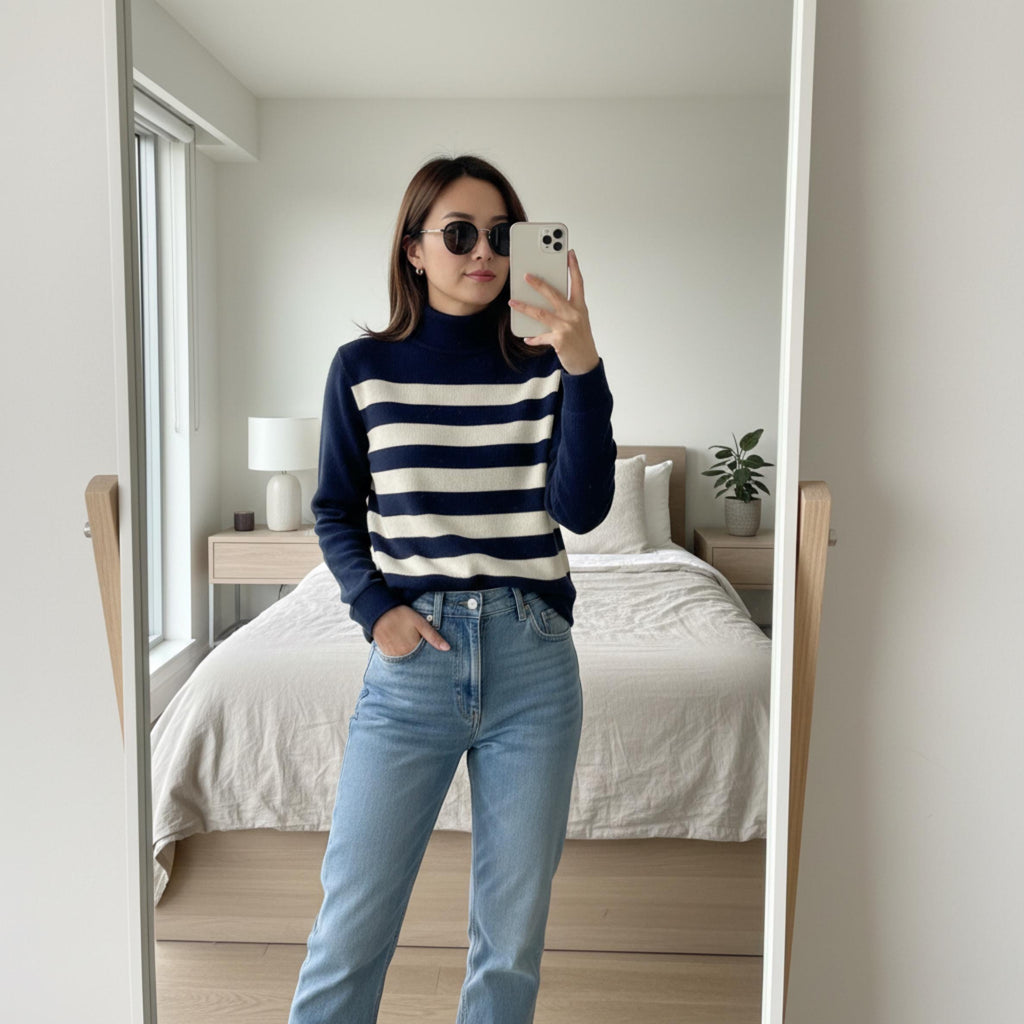 Navy Cream Striped Turtleneck Sweater | Quiet Luxury Winter Knit