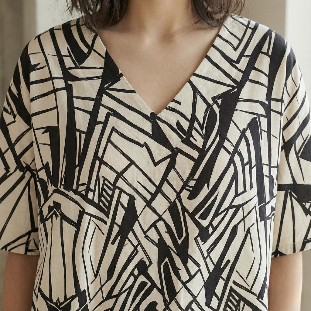 Architectural Cotton Tunic Top | Geometric V-Neck Artwear Blouse