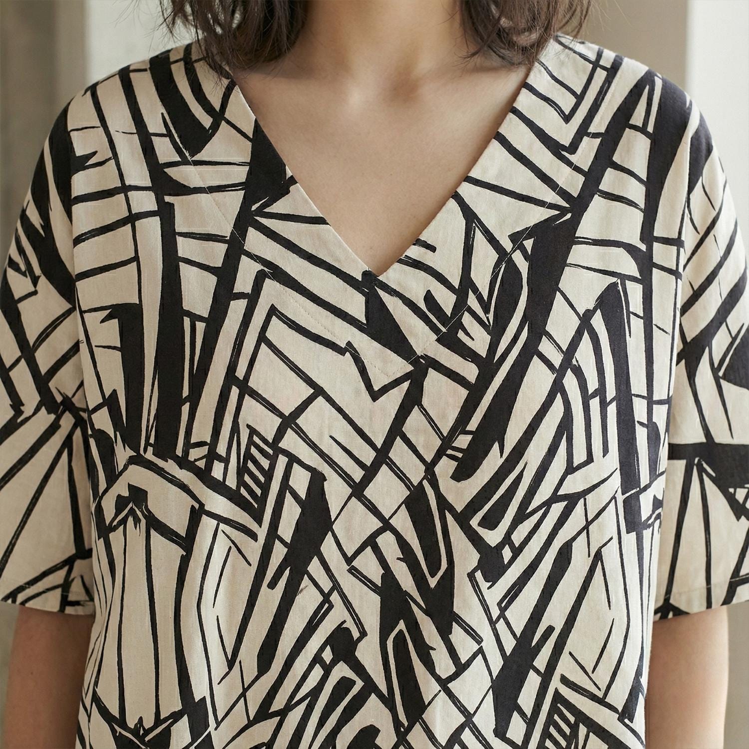 Architectural Cotton Tunic Top | Geometric V-Neck Artwear Blouse
