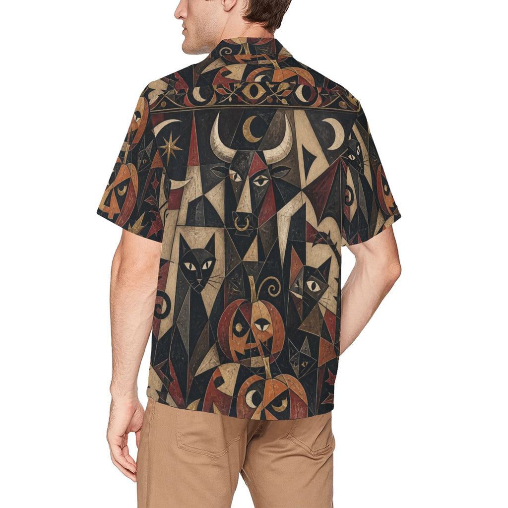 Men’s Gothic Halloween Hawaiian Shirt | Black Cat Pumpkin