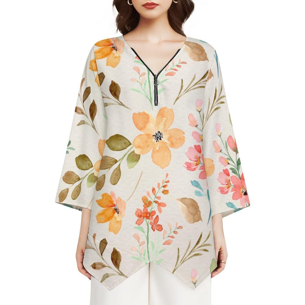 Soft Floral V-Neck Tunic | Watercolor Irregular Hem Top