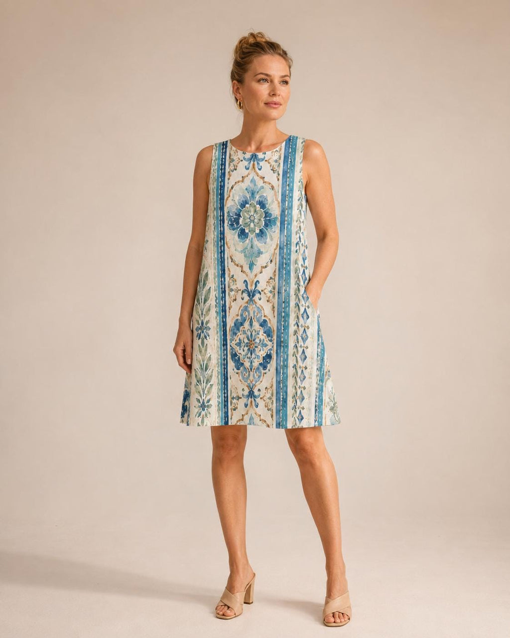 Mediterranean Tile A-Line Dress | Blue White Amalfi Pocket Dress