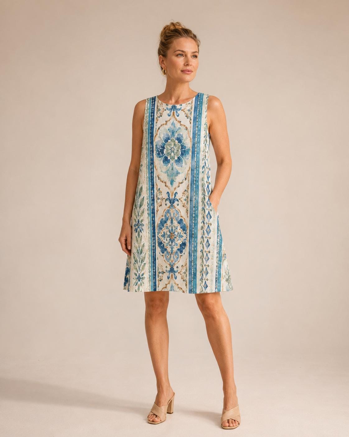 Mediterranean Tile A-Line Dress | Blue White Amalfi Pocket Dress