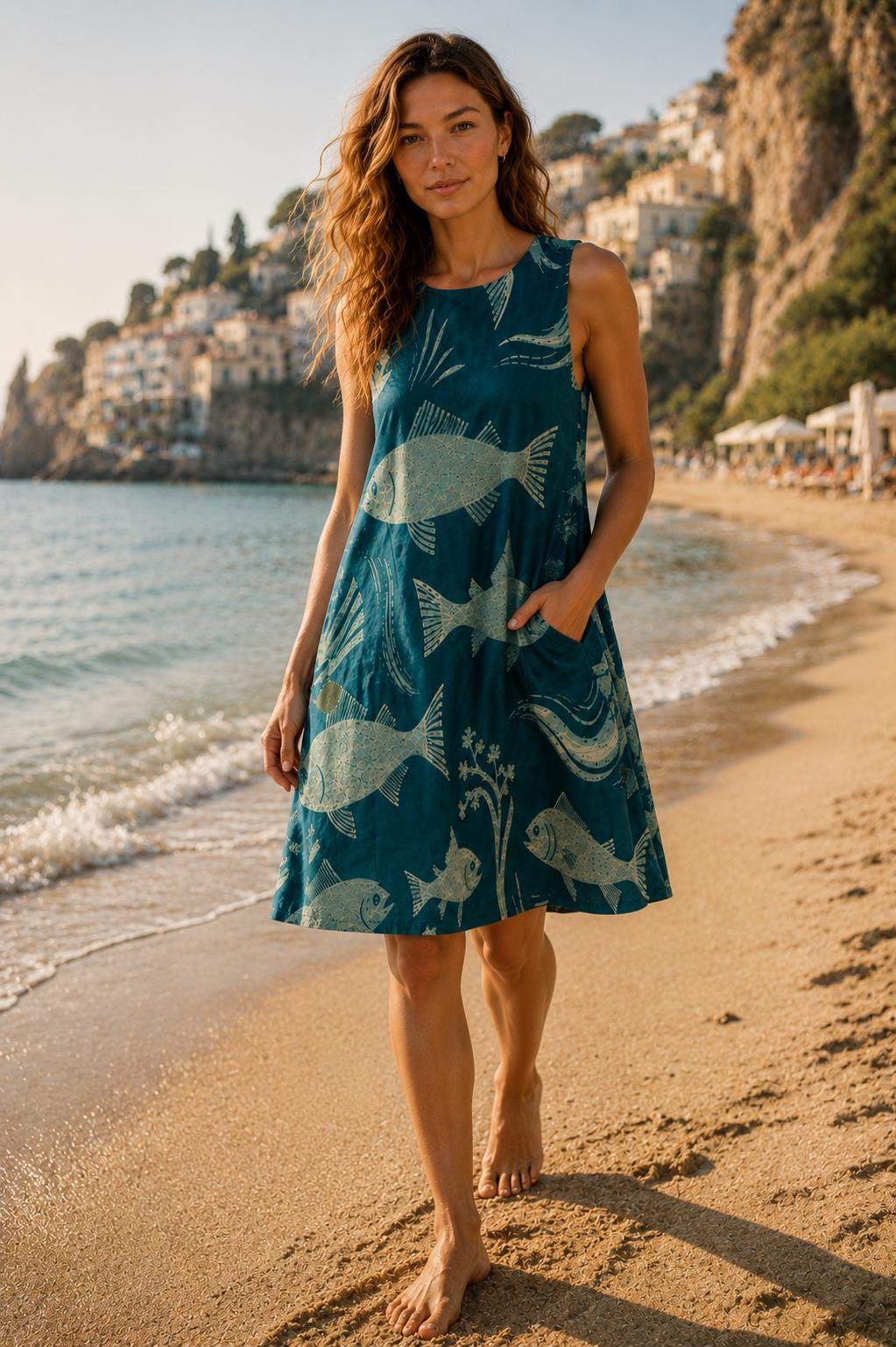 Coastal Fish A-Line Dress | Sleeveless Resort Vacation Dress