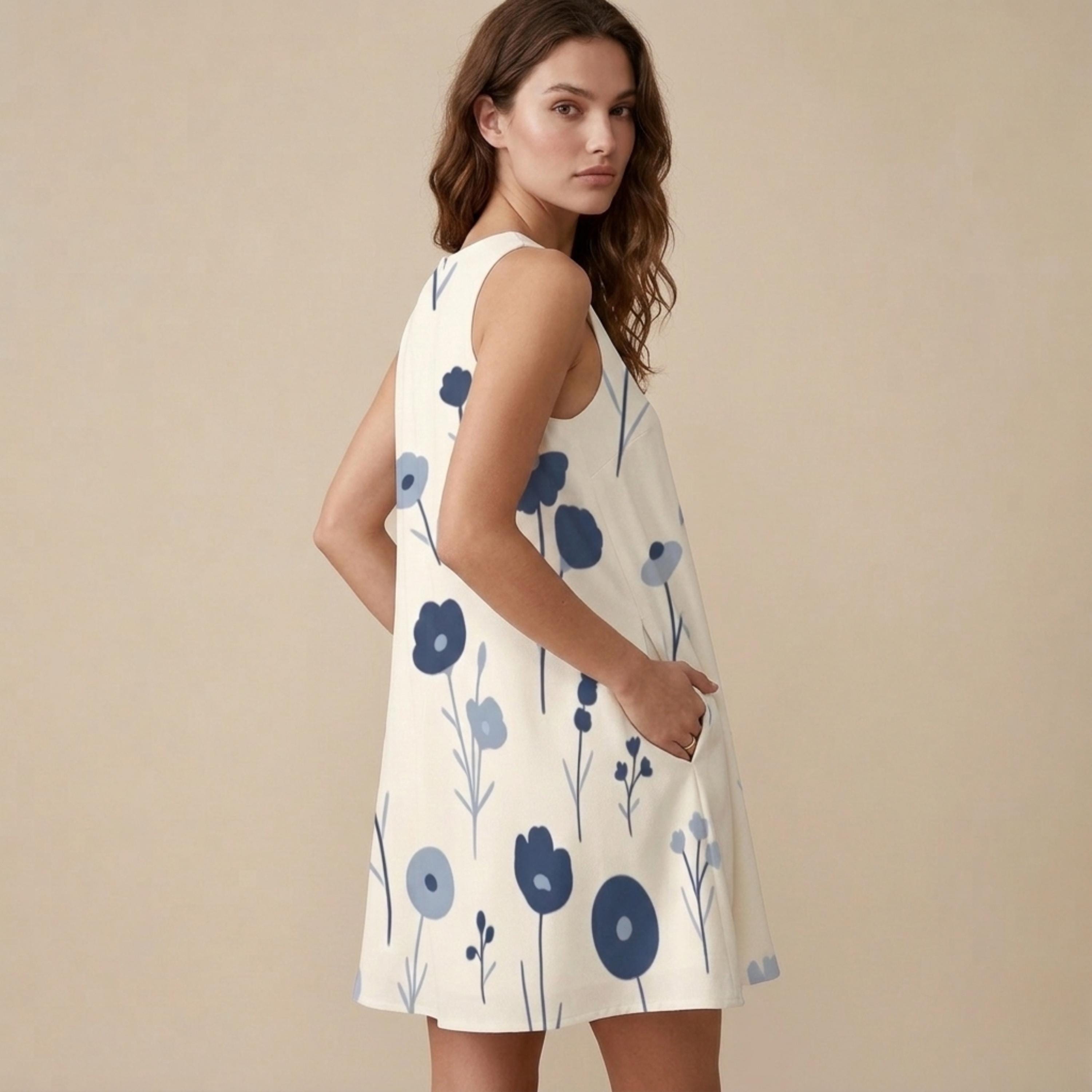 Blue Floral A-Line Mini Dress with Pockets | Scandinavian Summer Dress