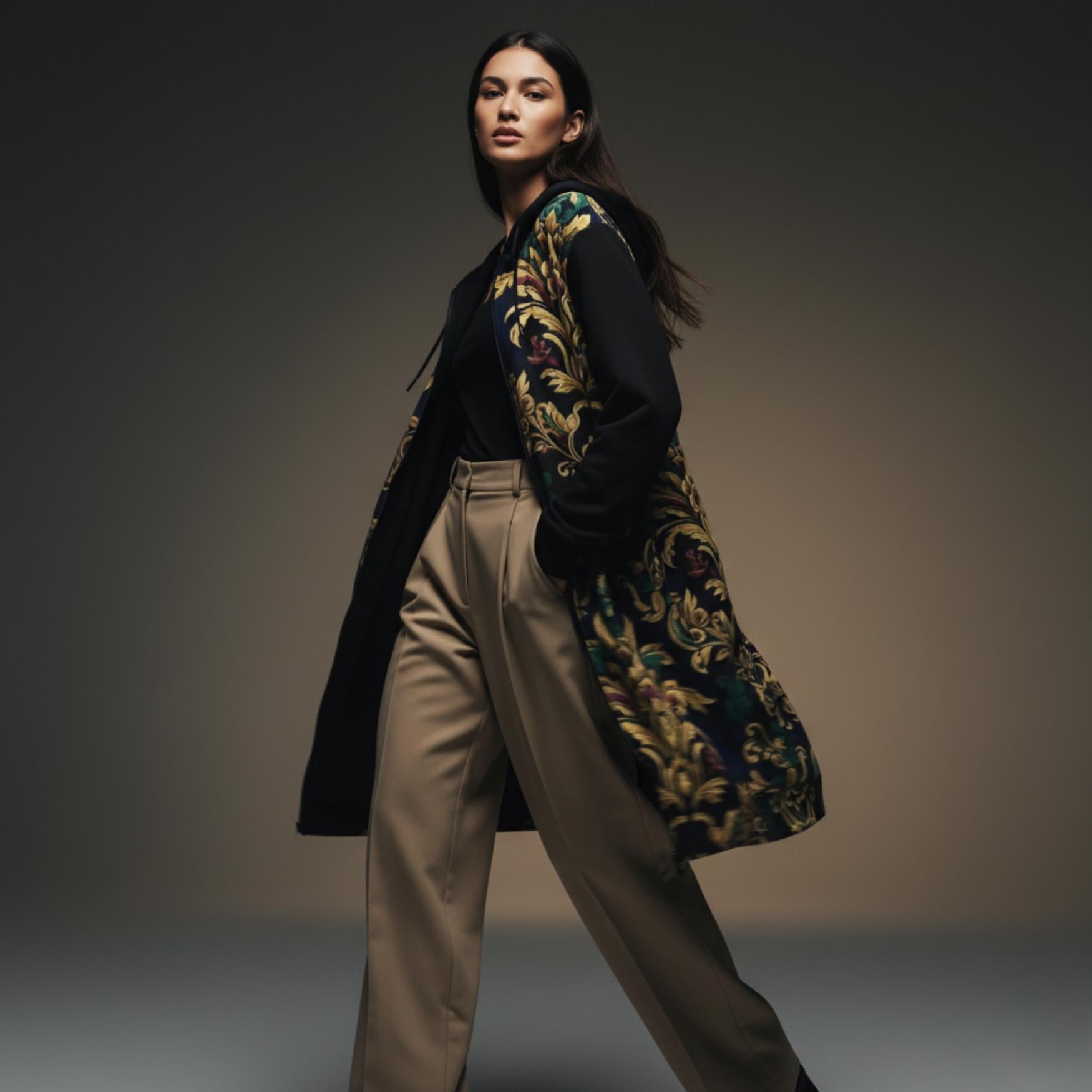 Baroque Long Hooded Coat | Black Gold Statement Zip Jacket