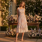 Pastel Baroque Floral Midi Dress | Romantic Garden Party Dress