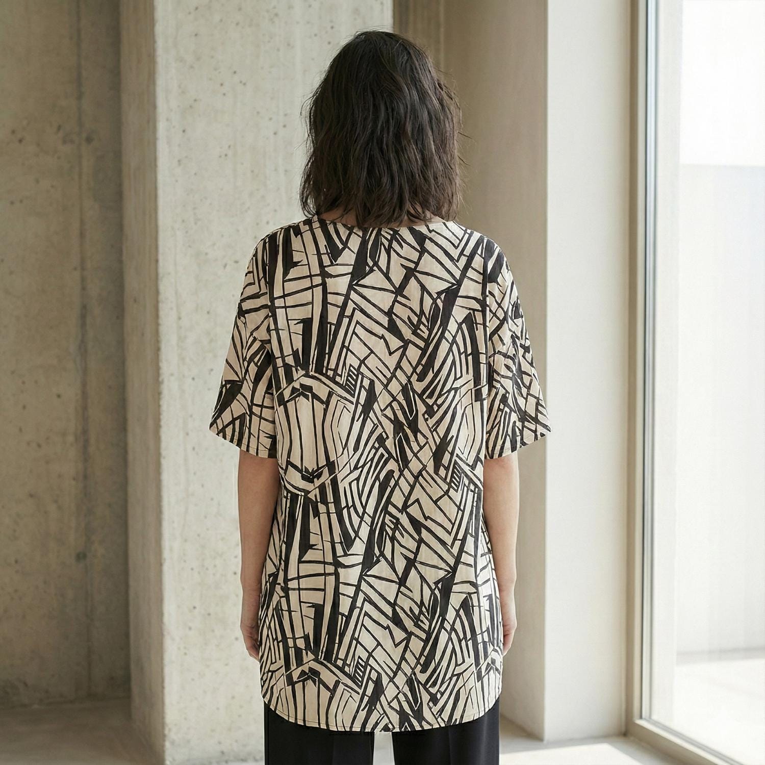 Architectural Cotton Tunic Top | Geometric V-Neck Artwear Blouse