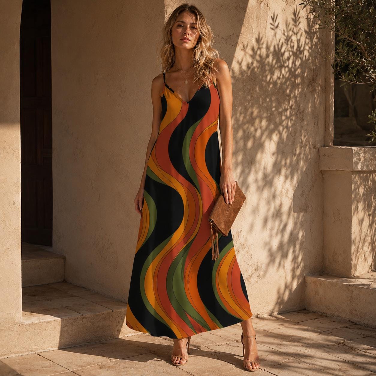 70s Retro Wave Maxi Dress | Abstract Resort Vacation Dress
