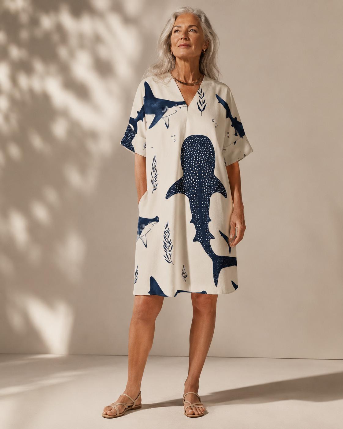 Whale Shark Tunic Dress | Ocean V-Neck Beachwear Dress