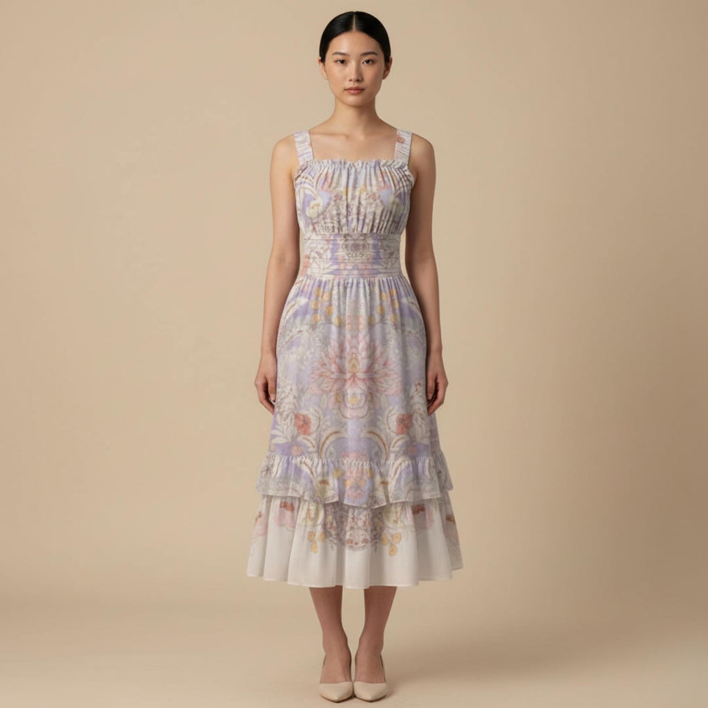 Pastel Baroque Floral Midi Dress | Romantic Garden Party Dress