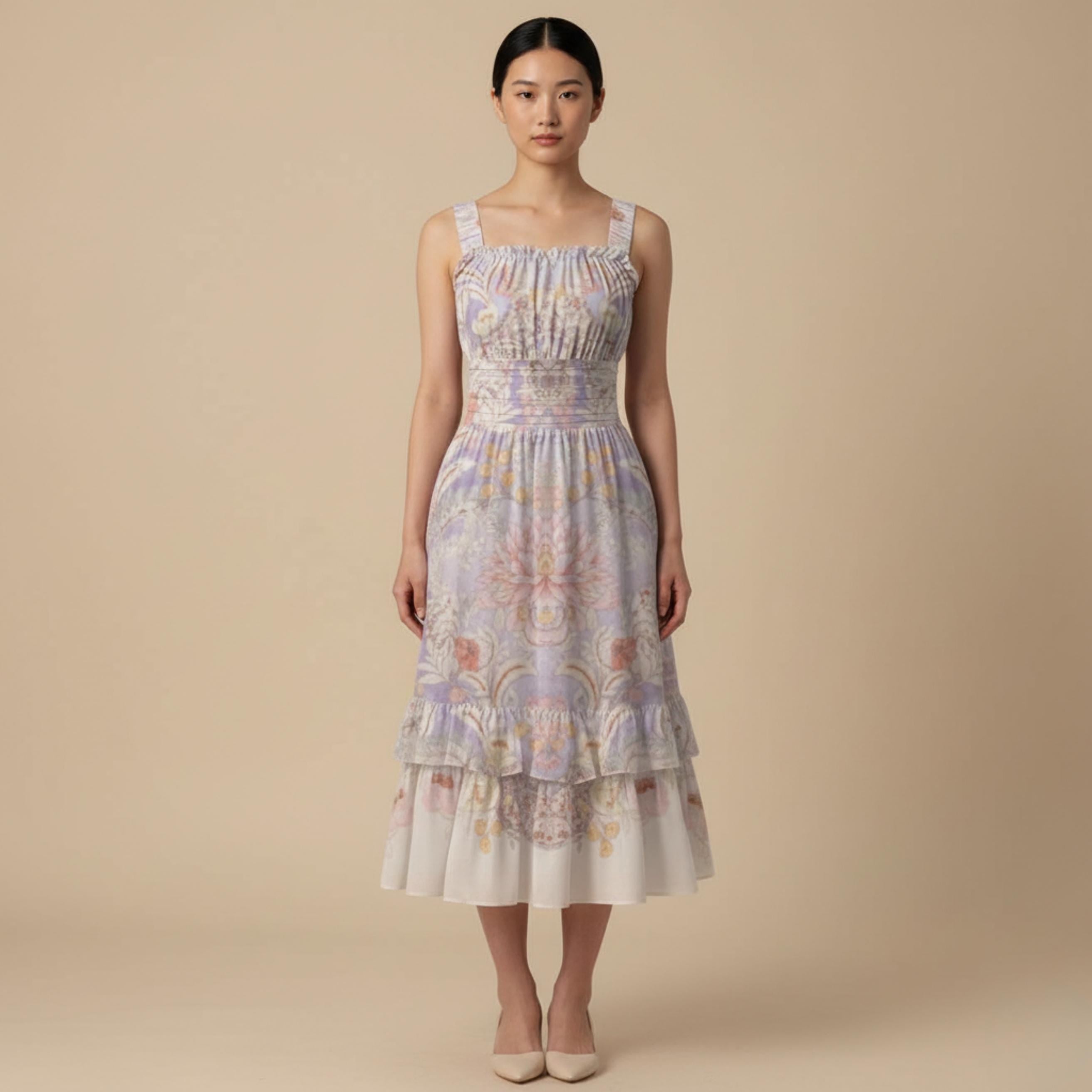 Pastel Baroque Floral Midi Dress | Romantic Garden Party Dress
