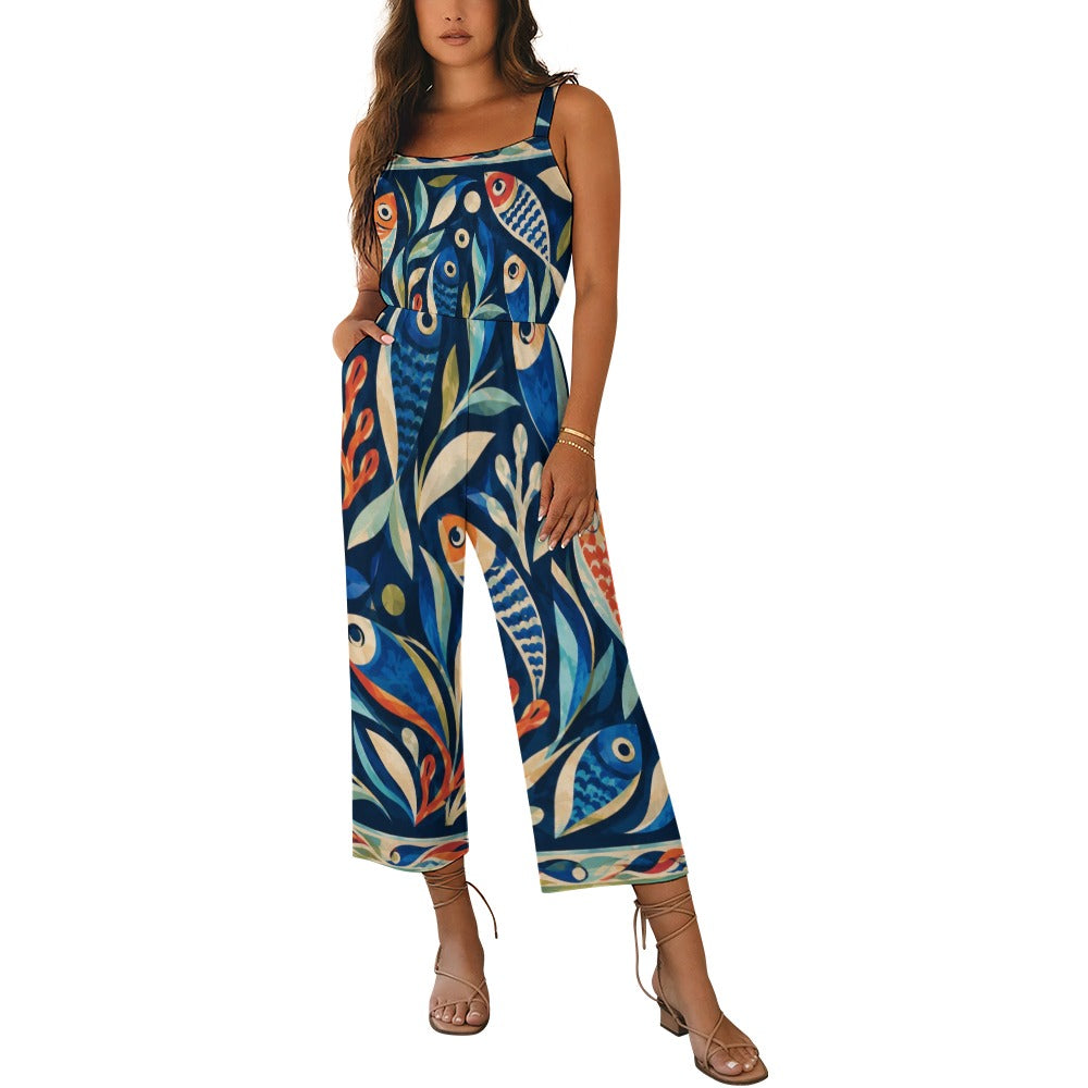 Celestial Mosaic Wide-Leg Jumpsuit with Pockets | Blue Teal