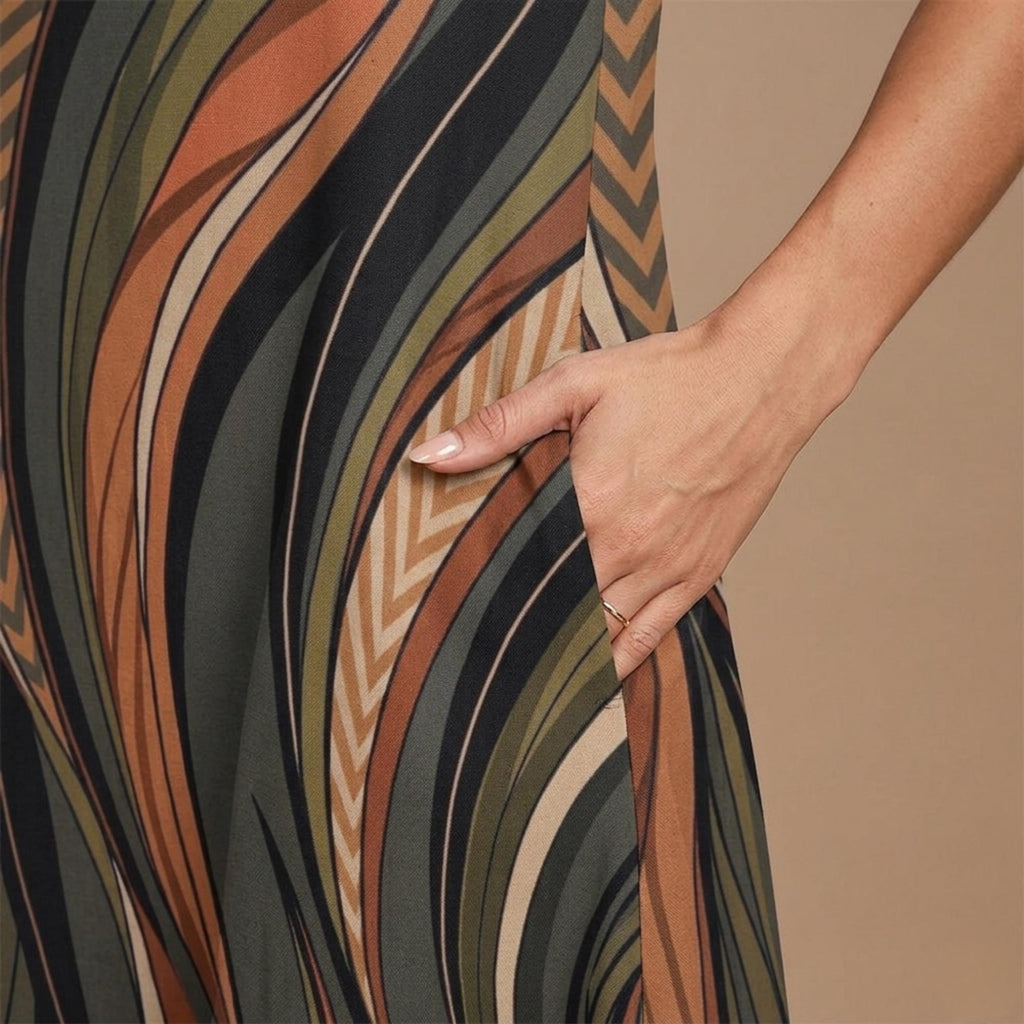 Retro Wave A-Line Midi Dress | Earth Tone Pocket Dress