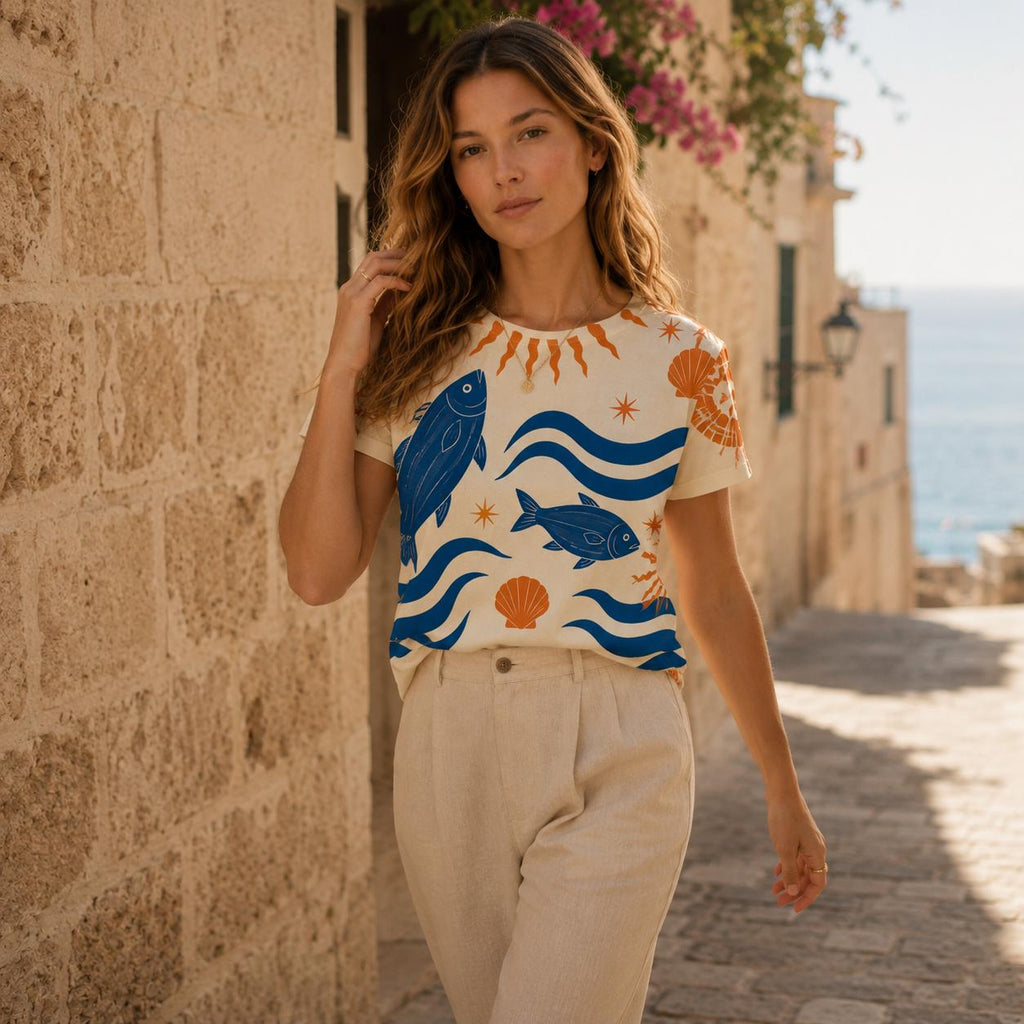 Mediterranean Fish Cotton T-Shirt | Coastal Resort Graphic Tee