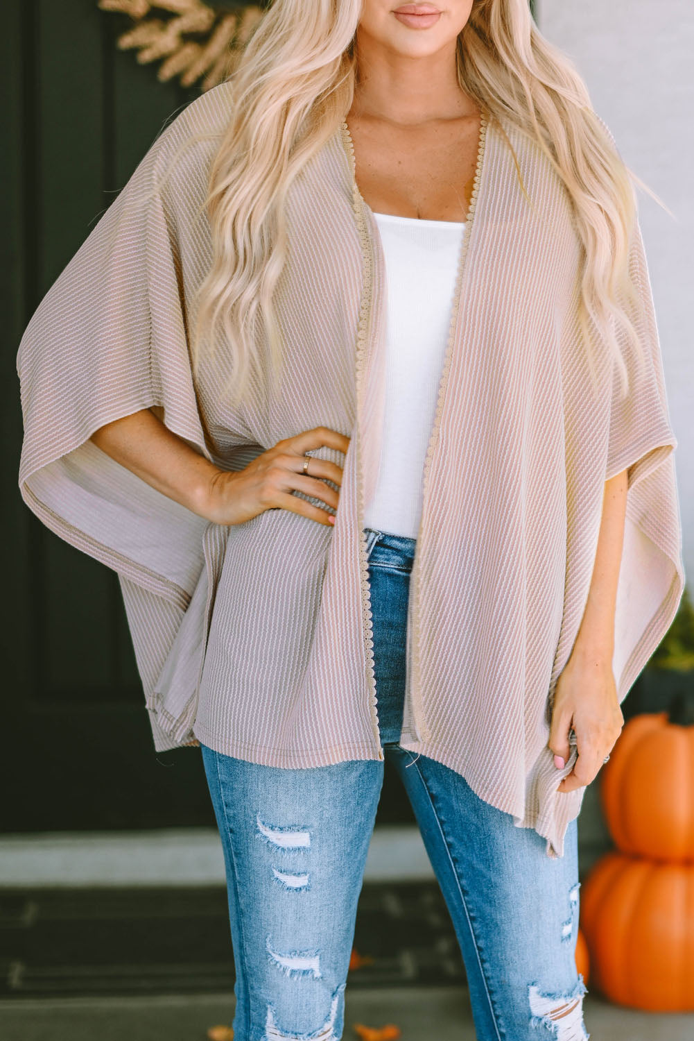 Women's Lace-Trim Ribbed Kimono Cardigan – Black or Apricot