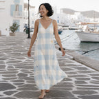 Blue Gingham Maxi Dress with Sun and Bird Print, V-Neck Spaghetti Straps – image 2
