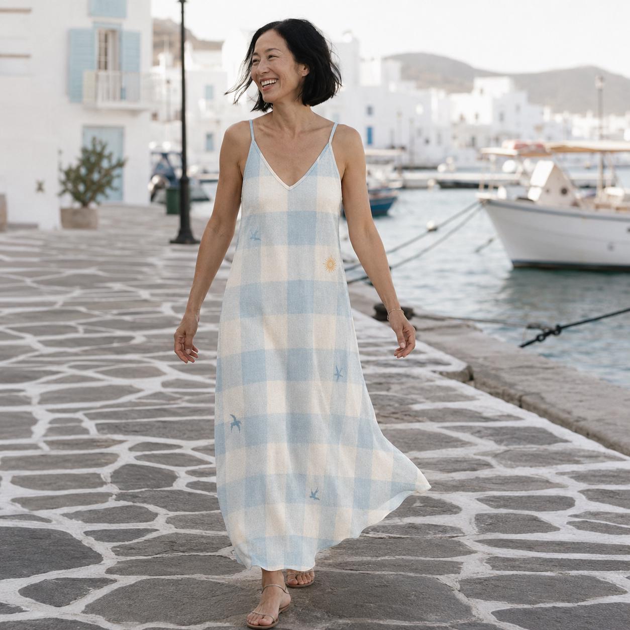 Blue Gingham Maxi Dress with Sun and Bird Print, V-Neck Spaghetti Straps – image 2