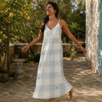 Blue Gingham Maxi Dress with Sun and Bird Print, V-Neck Spaghetti Straps – image 6