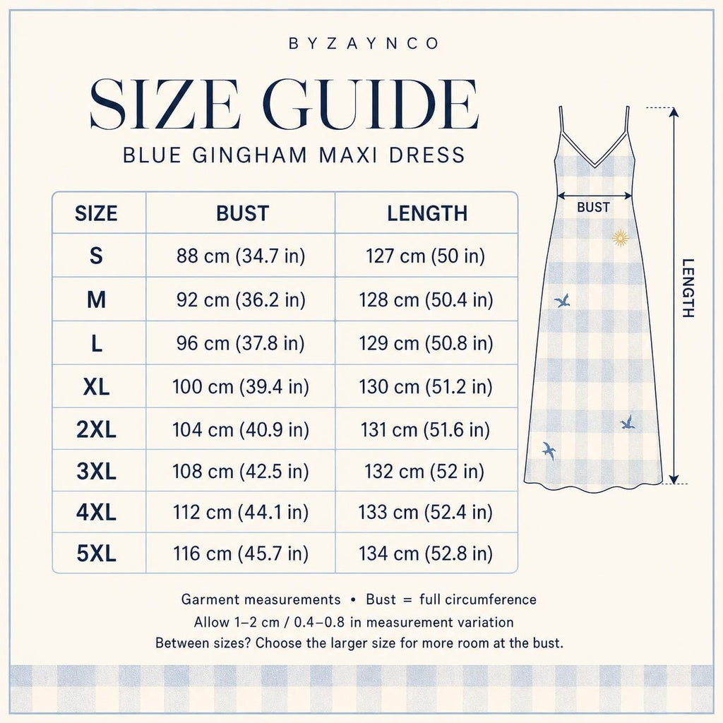 Blue Gingham Maxi Dress with Sun and Bird Print, V-Neck Spaghetti Straps – image 8