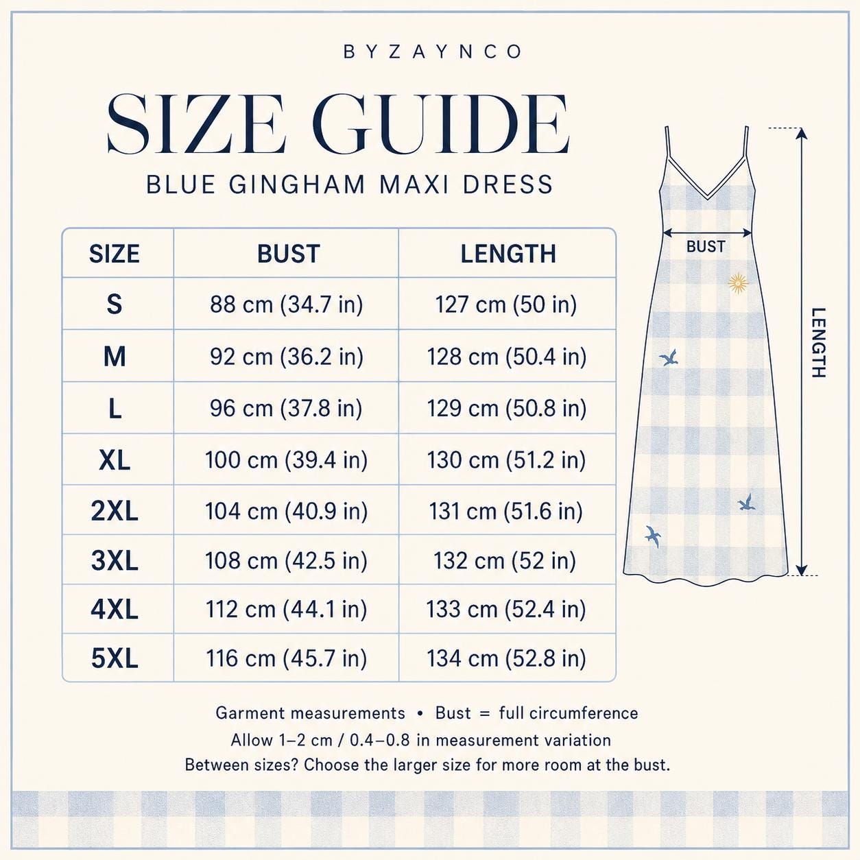 Blue Gingham Maxi Dress with Sun and Bird Print, V-Neck Spaghetti Straps – image 8