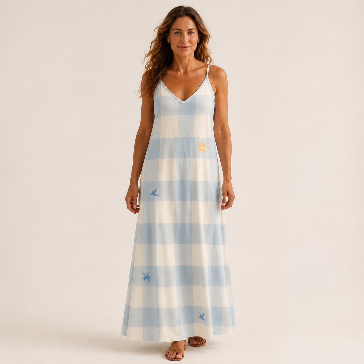 Blue Gingham Maxi Dress with Sun and Bird Print, V-Neck Spaghetti Straps – image 9