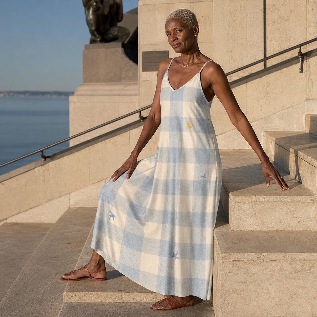 Blue Gingham Maxi Dress with Sun and Bird Print, V-Neck Spaghetti Straps – image 10