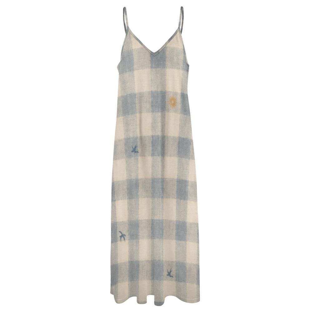 Blue Gingham Maxi Dress with Sun and Bird Print, V-Neck Spaghetti Straps – image 13