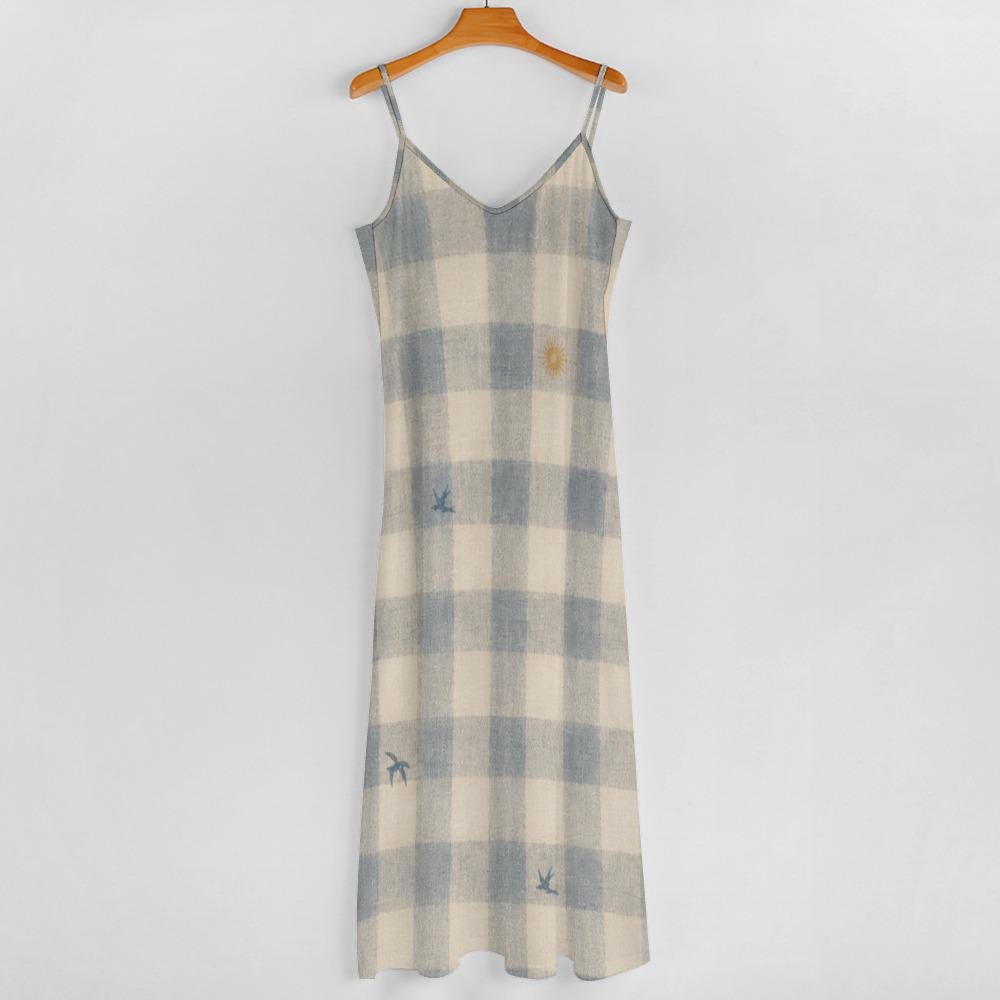 Blue Gingham Maxi Dress with Sun and Bird Print, V-Neck Spaghetti Straps – image 14