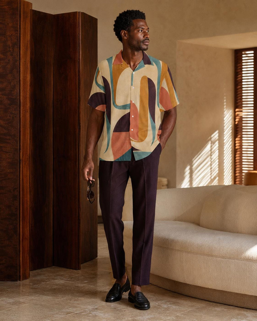 Men’s 70s Abstract Hawaiian Shirt, Geometric Camp Collar Button-Up – image 1