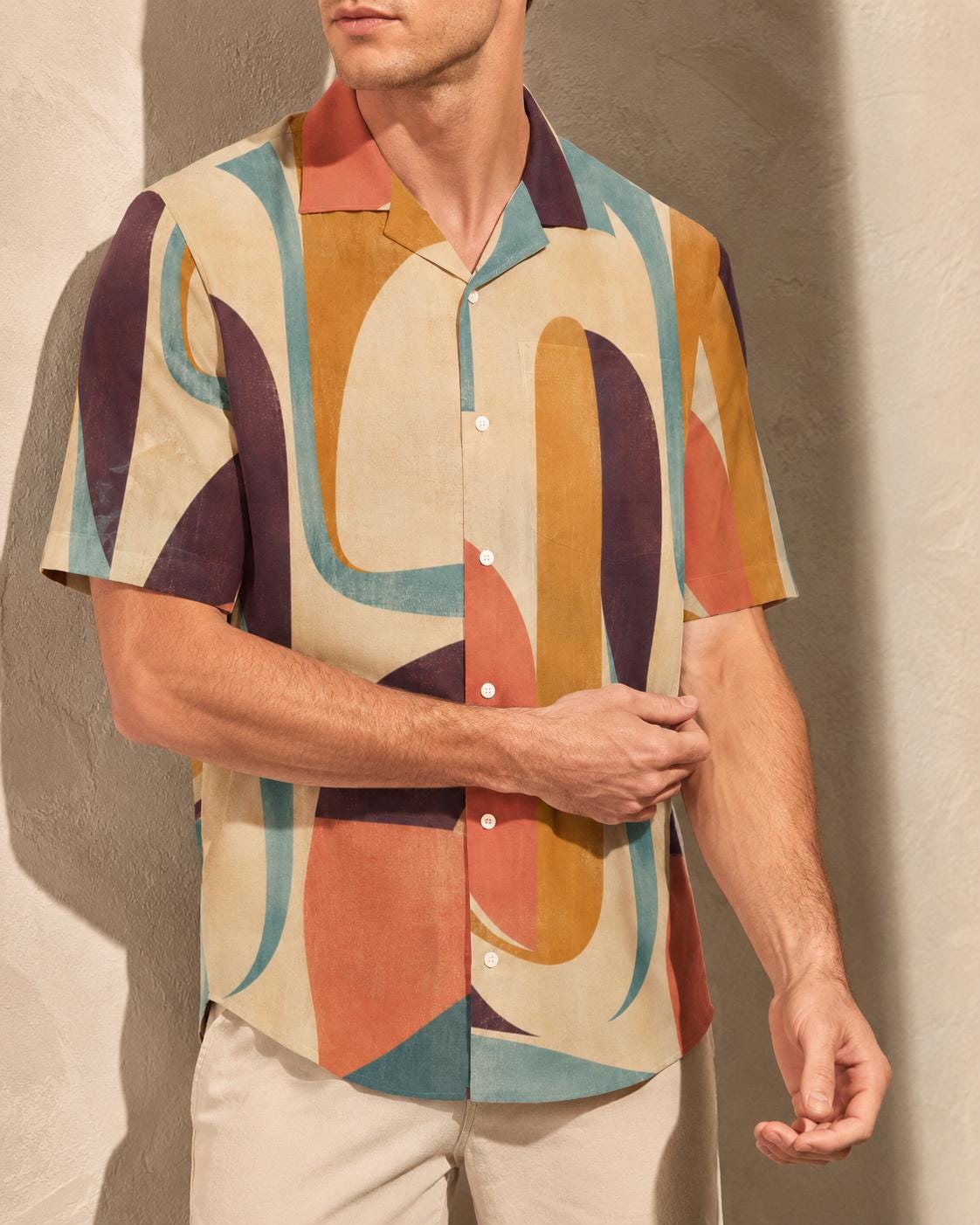 Men’s 70s Abstract Hawaiian Shirt, Geometric Camp Collar Button-Up – image 2