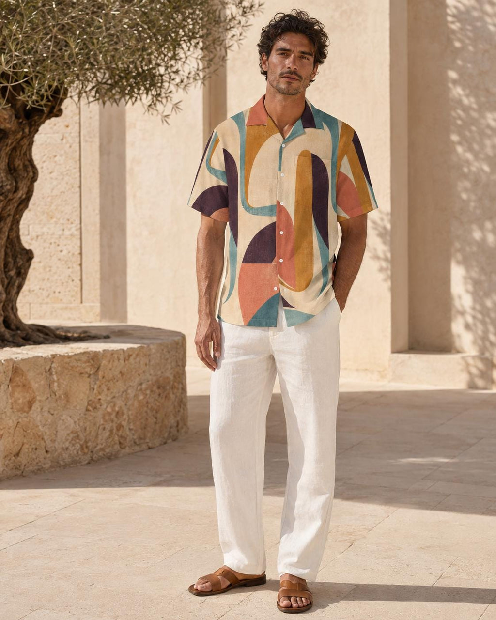 Men’s 70s Abstract Hawaiian Shirt, Geometric Camp Collar Button-Up – image 3