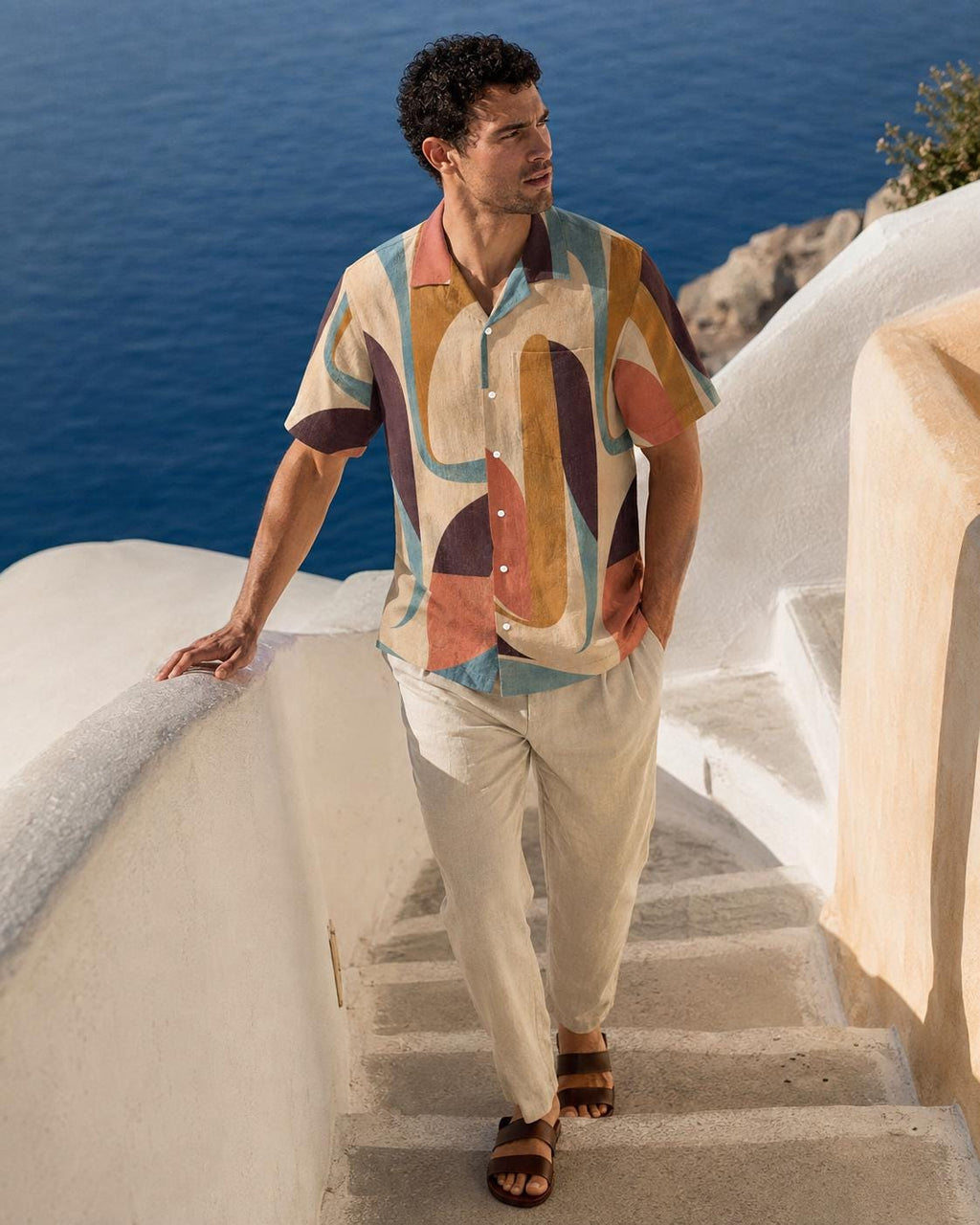 Men’s 70s Abstract Hawaiian Shirt, Geometric Camp Collar Button-Up – image 4