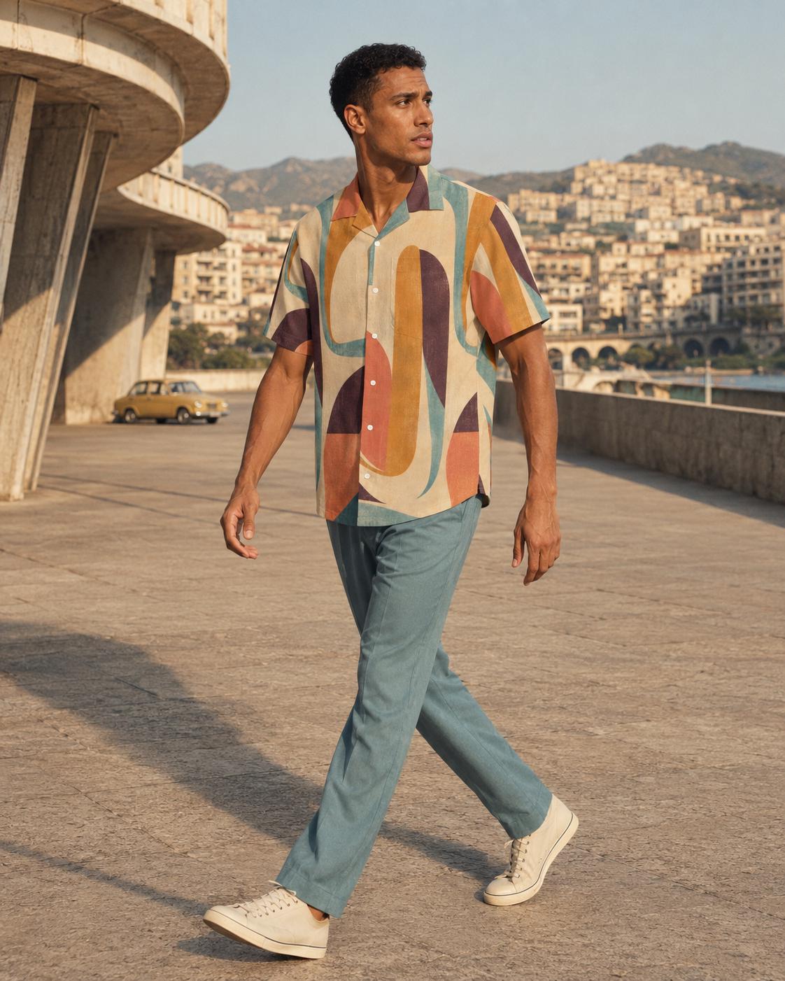 Men’s 70s Abstract Hawaiian Shirt, Geometric Camp Collar Button-Up – image 8