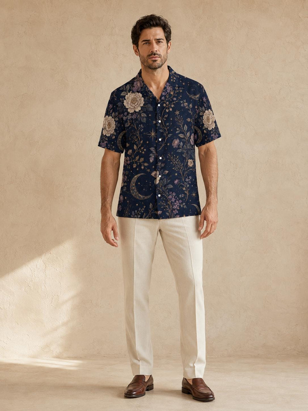 Men’s Celestial Floral Hawaiian Shirt, Navy Camp Collar Resort Button Up – image 2