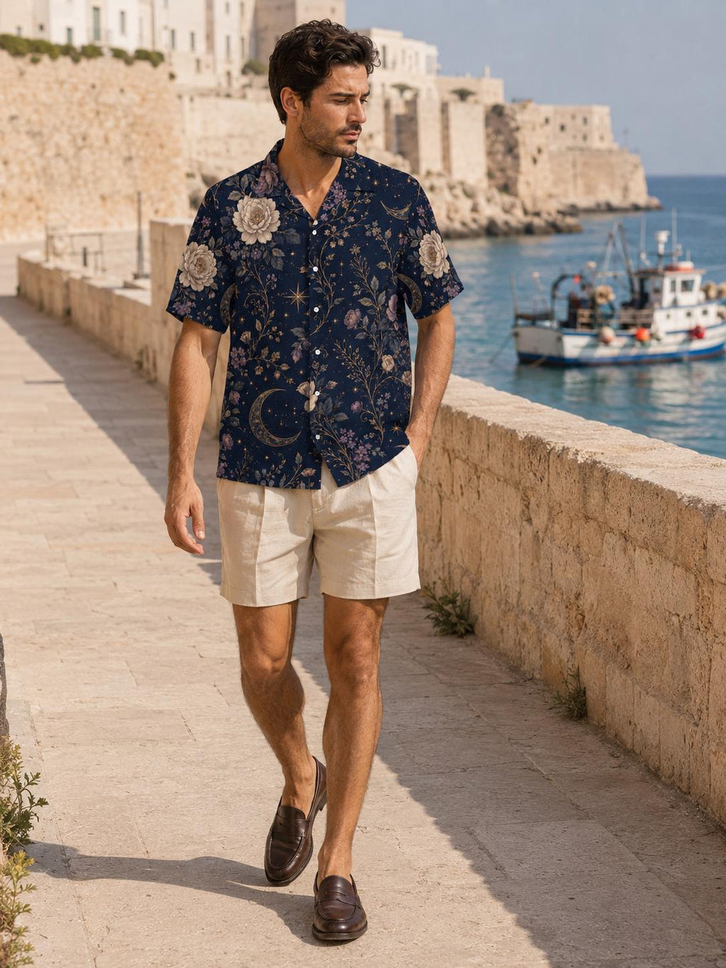 Men’s Celestial Floral Hawaiian Shirt, Navy Camp Collar Resort Button Up – image 3