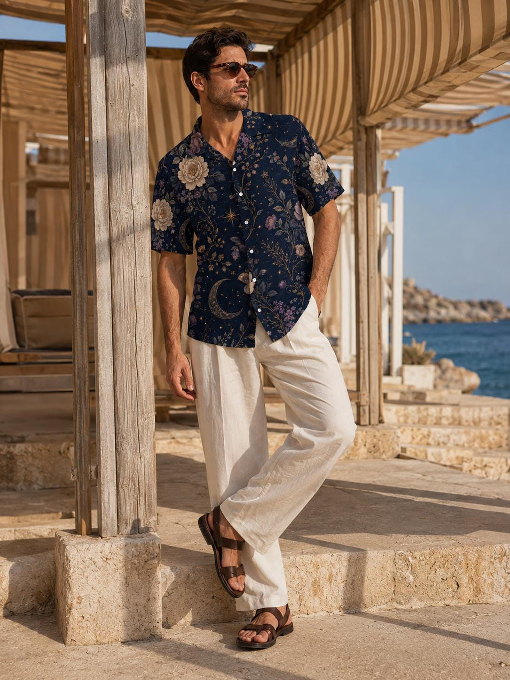 Men’s Celestial Floral Hawaiian Shirt, Navy Camp Collar Resort Button Up – image 4