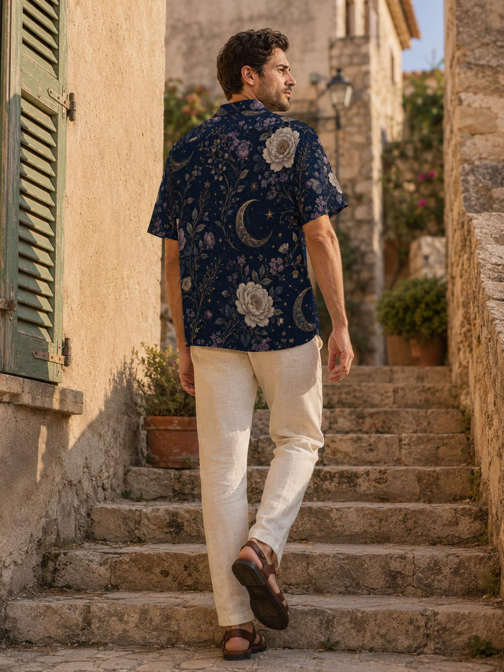 Men’s Celestial Floral Hawaiian Shirt, Navy Camp Collar Resort Button Up – image 5