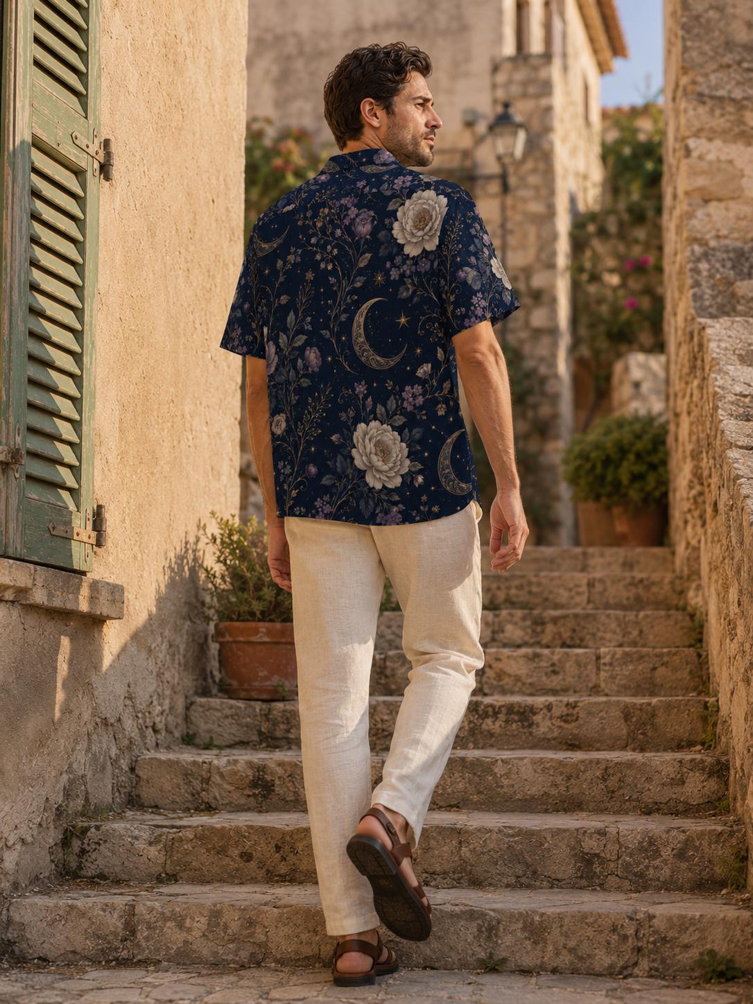 Men’s Celestial Floral Hawaiian Shirt, Navy Camp Collar Resort Button Up – image 5