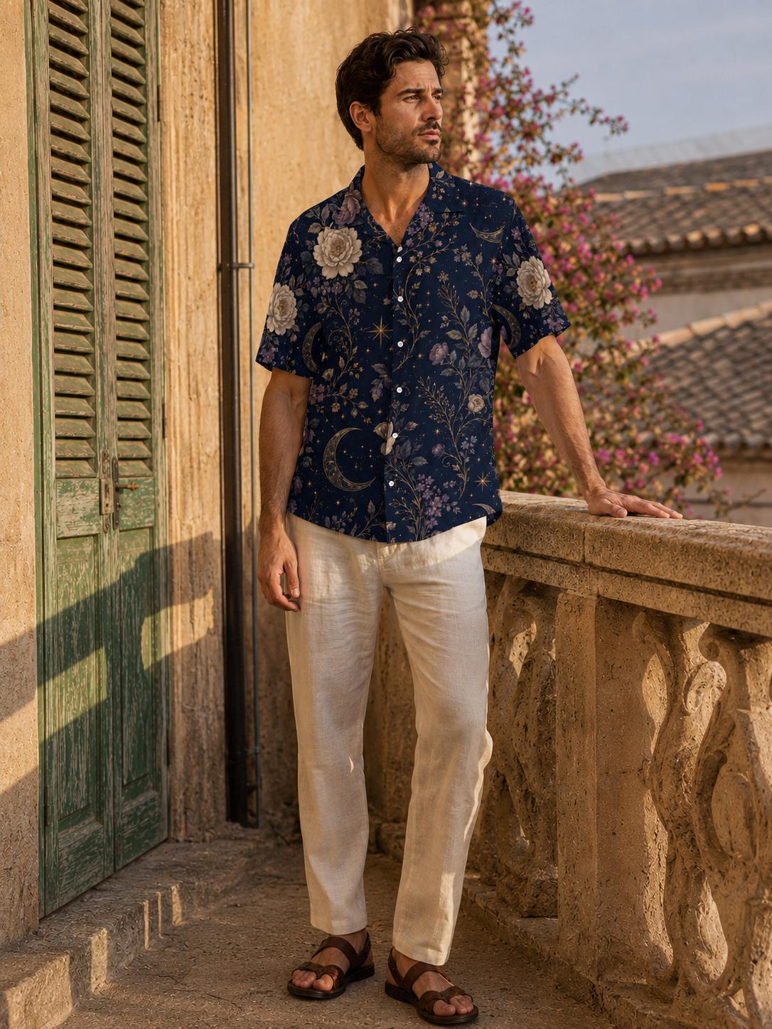 Men’s Celestial Floral Hawaiian Shirt, Navy Camp Collar Resort Button Up – image 6