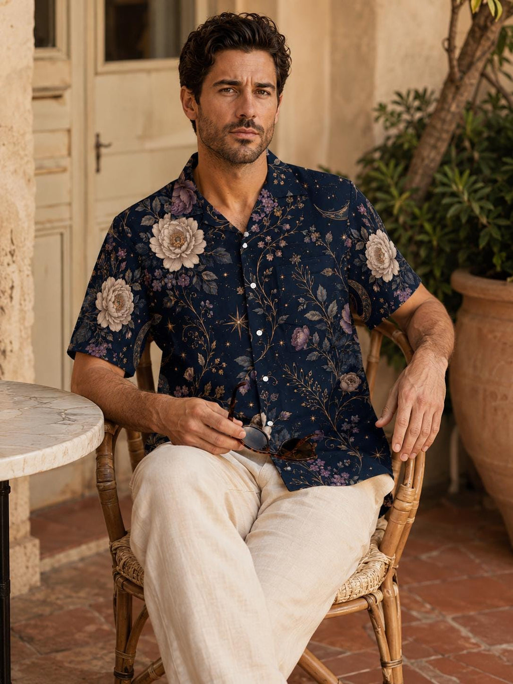 Men’s Celestial Floral Hawaiian Shirt, Navy Camp Collar Resort Button Up – image 7