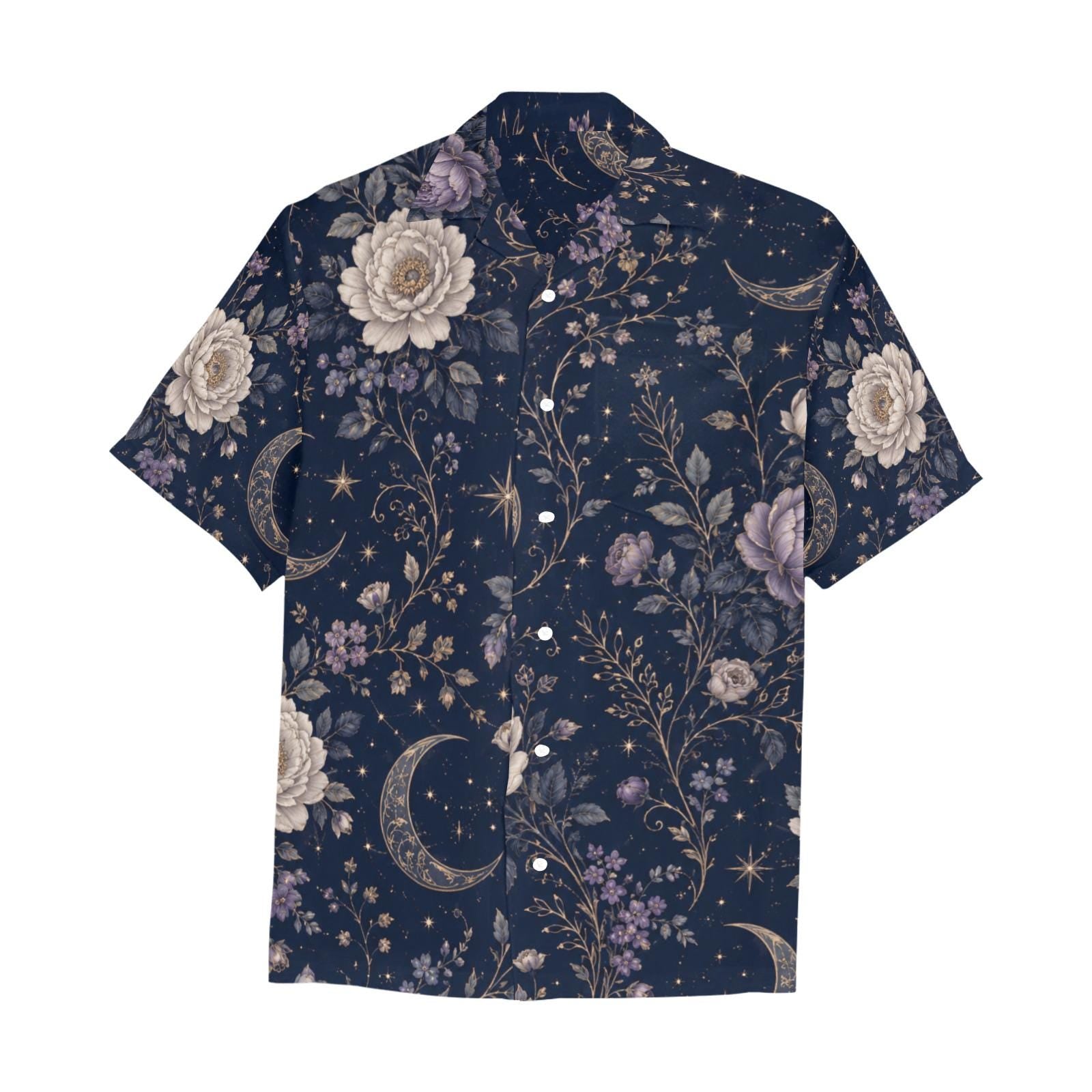 Men’s Celestial Floral Hawaiian Shirt, Navy Camp Collar Resort Button Up – image 10